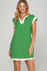 Drop Shoulder Contrast Band Stripe Dress Green + White