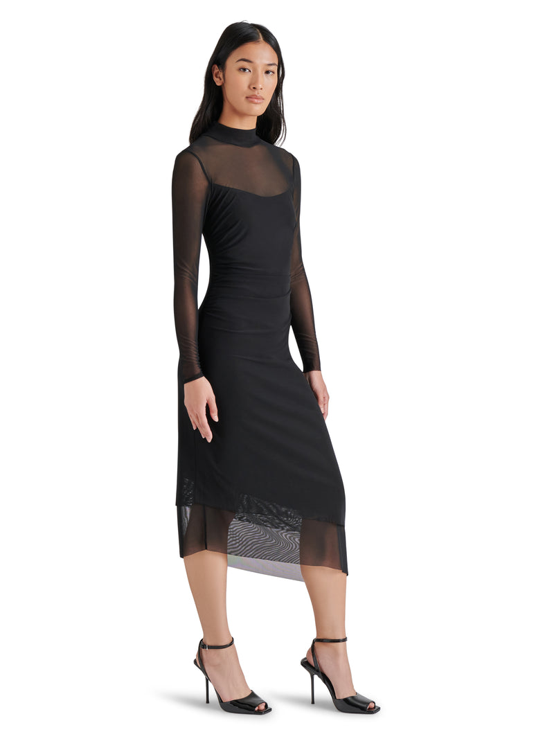 Blare Solid Midi Long Sleeve Dress Black