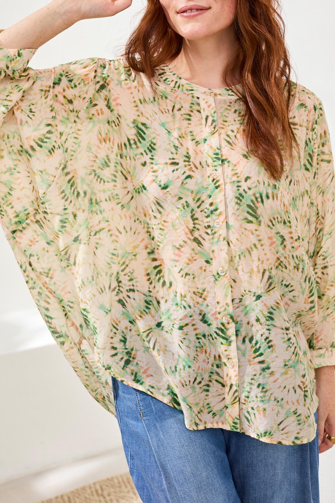 Printed Dolman Sleeve Button Down Blouse Cactus Clay