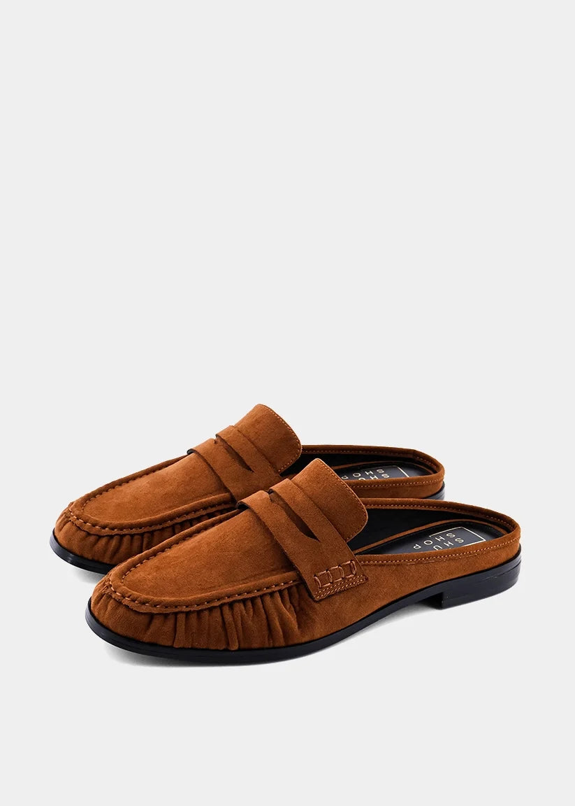 Tuscany Penny Loafer Mules Tan Suede