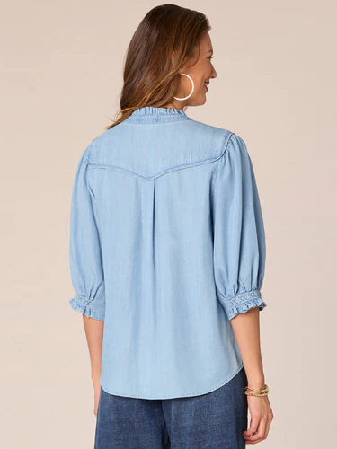 3/4 Cinched Band Sleeve Floral Crochet Button Down Top Light Blue