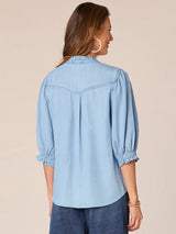 3/4 Cinched Band Sleeve Floral Crochet Button Down Top Light Blue