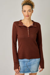 High Neck Pinstripe Henley Top Brick + Navy