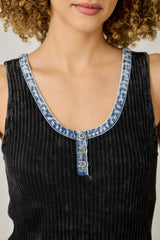 Henley Neck Washed Tank Washed Black
