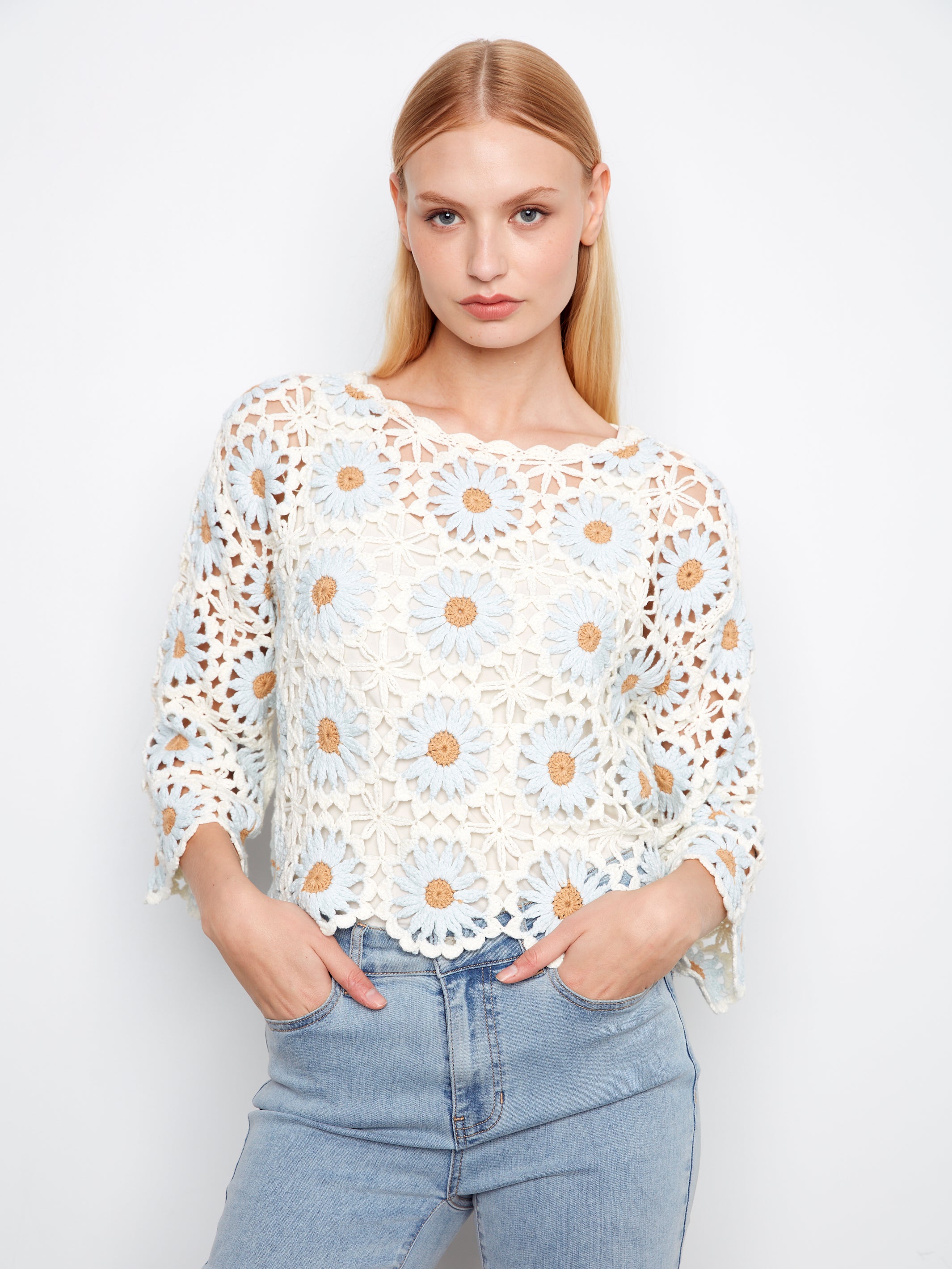 Flower Crochet Squares Sweater Powder