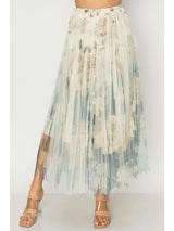 Floral Gradient Mesh Pleated Maxi Skirt Dip Dye Navy