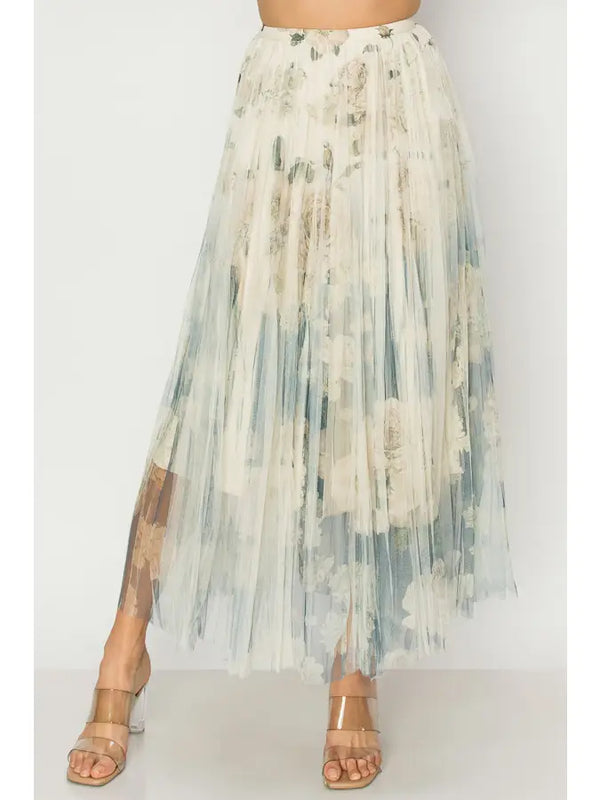 Floral Gradient Mesh Pleated Maxi Skirt