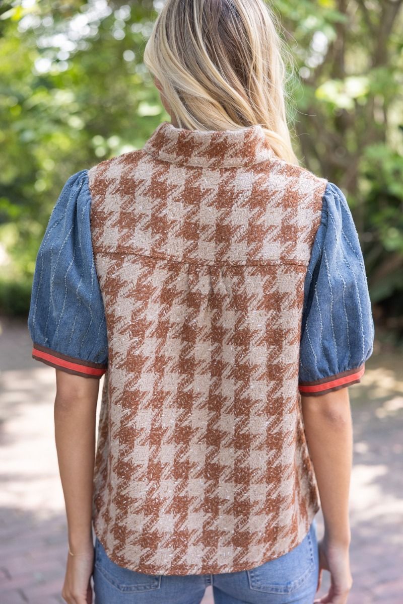 Stripe Denim Sleeve Houndstooth Tweed Top Brown