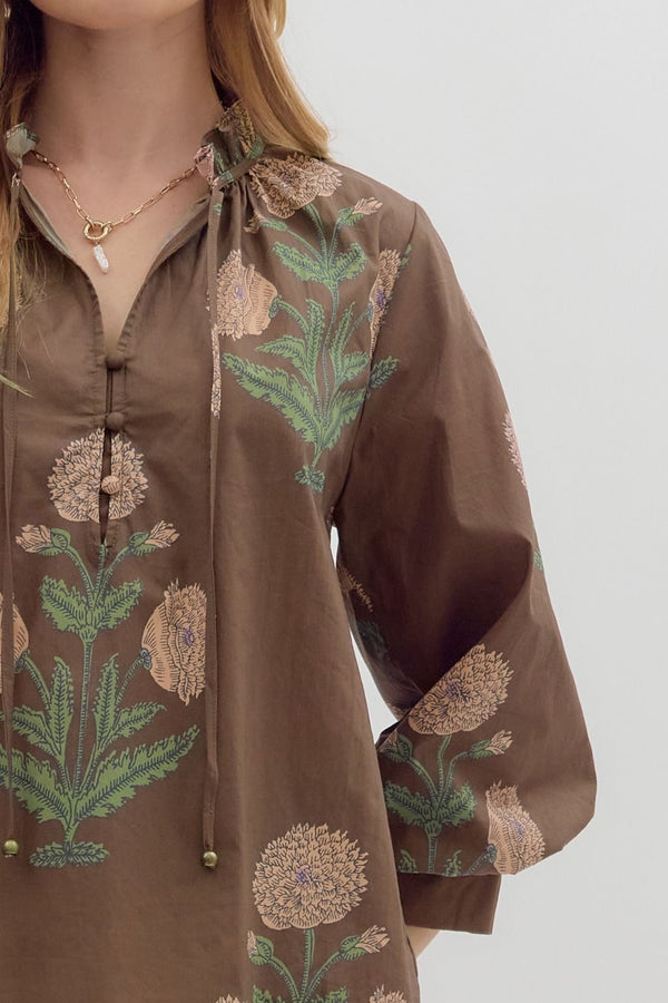 Floral Print 3/4 Cuff Bubble Sleeve Pullover Top Brown