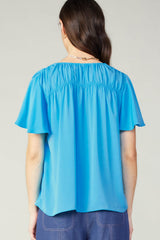 Vneck Flutter Sleeve Top Neon Blue