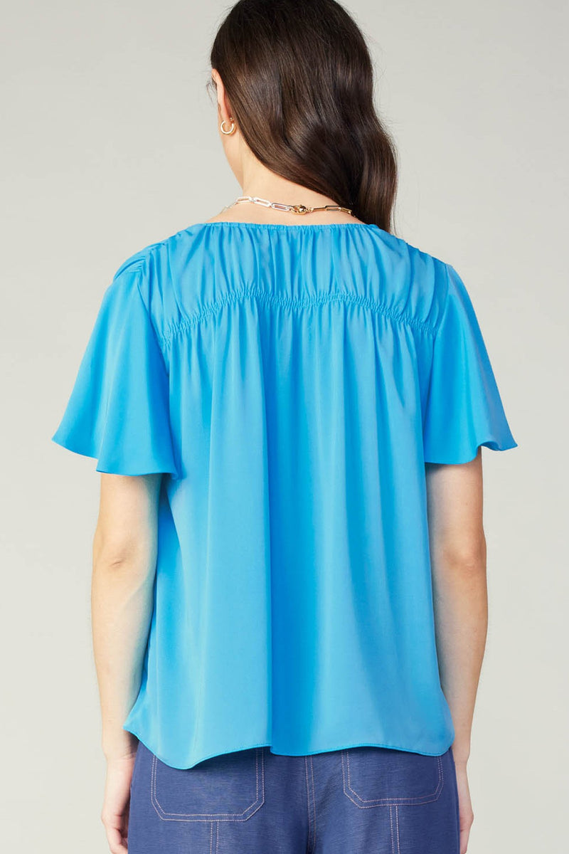 Vneck Flutter Sleeve Top Neon Blue