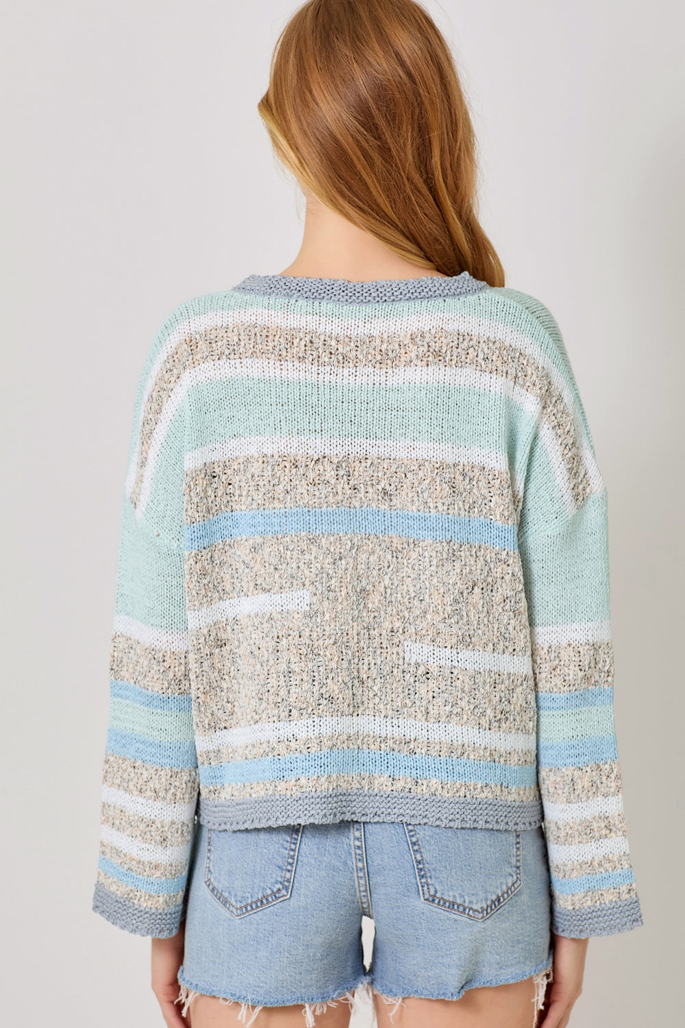 Multicolor Stripe Pullover Sweater Ice Blue + Grey Mix