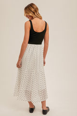 Pleated Polka Dot Contrast Midi Dress Black