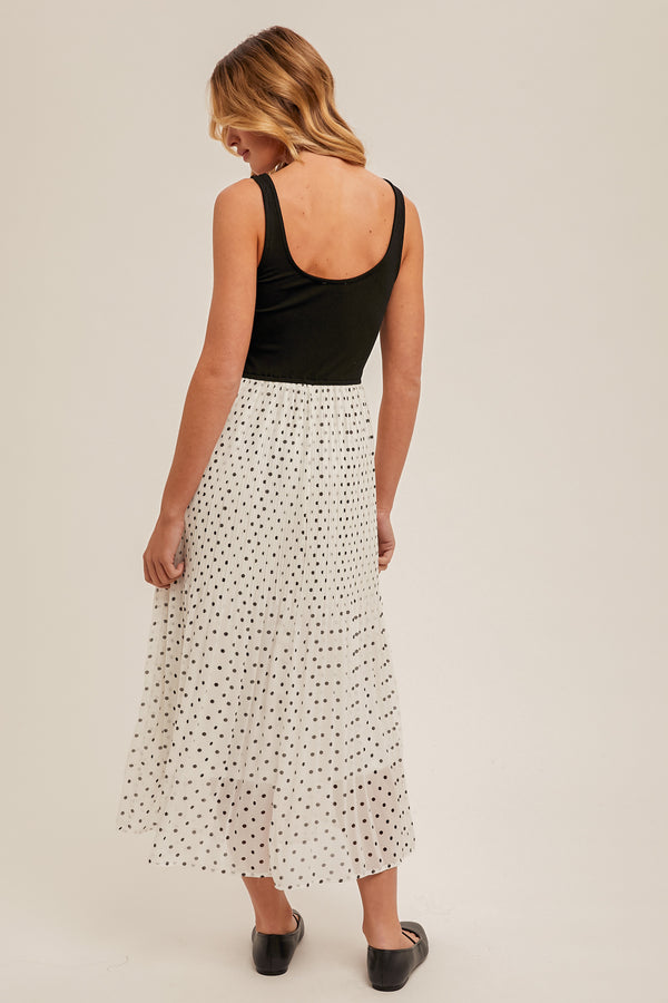 Pleated Polka Dot Contrast Midi Dress
