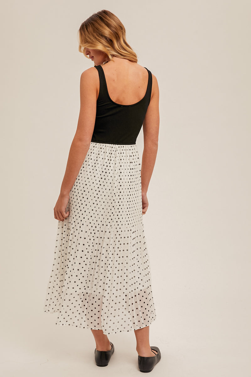 Pleated Polka Dot Contrast Midi Dress Black