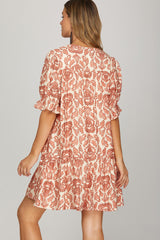 Damask Boho Print Ruffle Detail Dress Rose