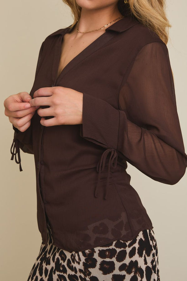 Collared Vneck Tie Wrist Long Sleeve Button Up Chocolate
