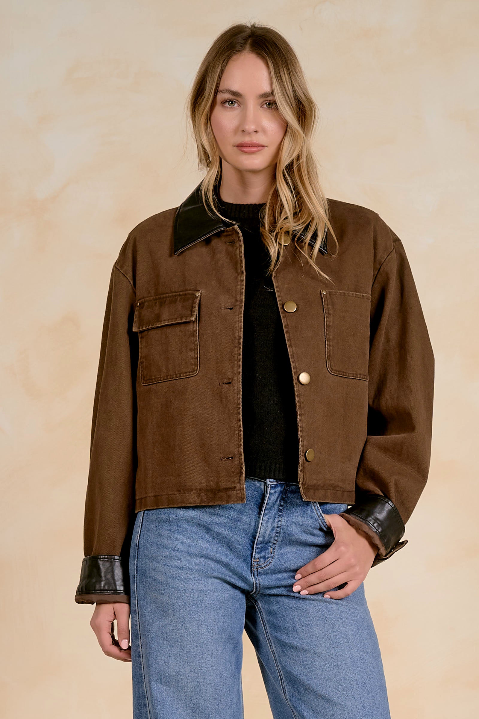 Leather Trim Cropped Chore Jacket Cocoa