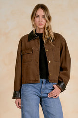 Leather Trim Cropped Chore Jacket Cocoa