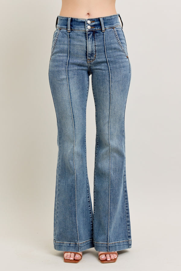 High Rise Pintuck Detail Trouser Flare Jeans Medium