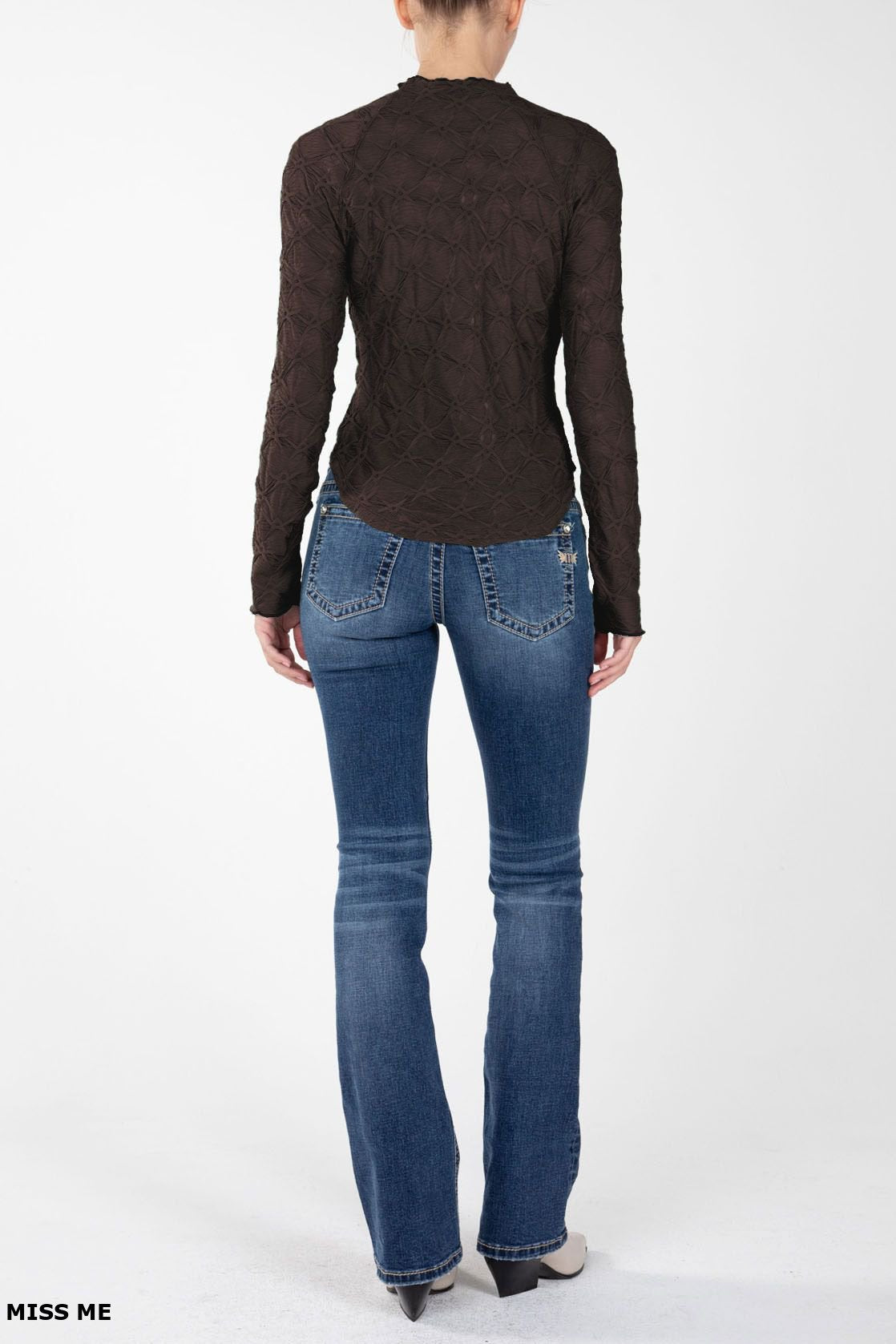 Textured Rounded Hem Mock Neck Long Sleeve Top Chocolate Brown