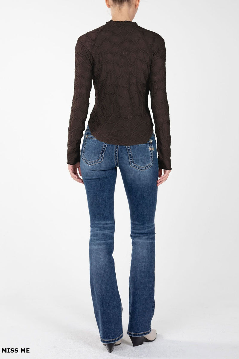 Textured Rounded Hem Mock Neck Long Sleeve Top