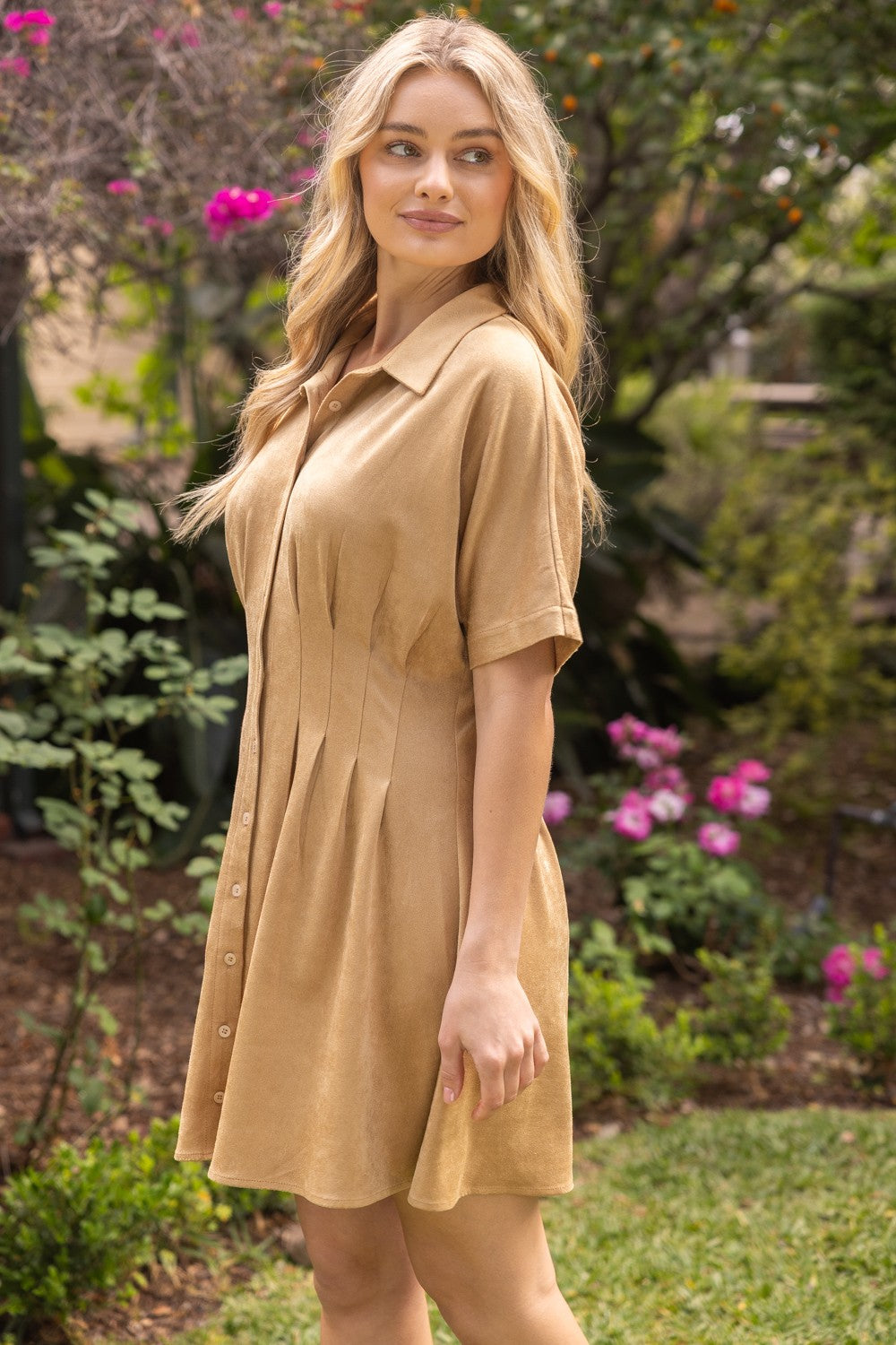 Pleated Waist Button Down Suede Dress Taupe