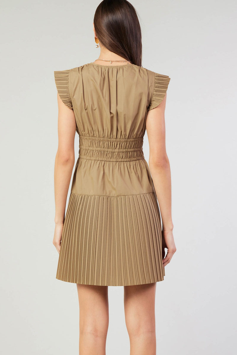 Pleat Details Tied Center Deep Vneck Mini Dress Latte