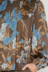 Long Sleeve Button Back Pleated Blouse Brown Floral