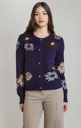 Floral Soft Button Up Cardigan Navy Combo