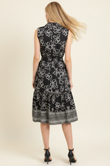 Floral Printed Tiered Border Hem Midi Dress Black
