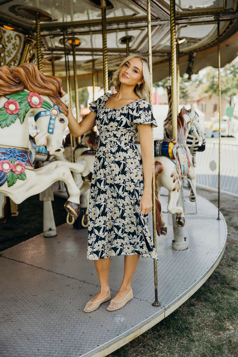 The Hills Midi Puff Sleeve Dress Moonlit Poppies