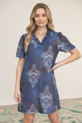 Fleur De Lis Ruffled Shift Dress Navy