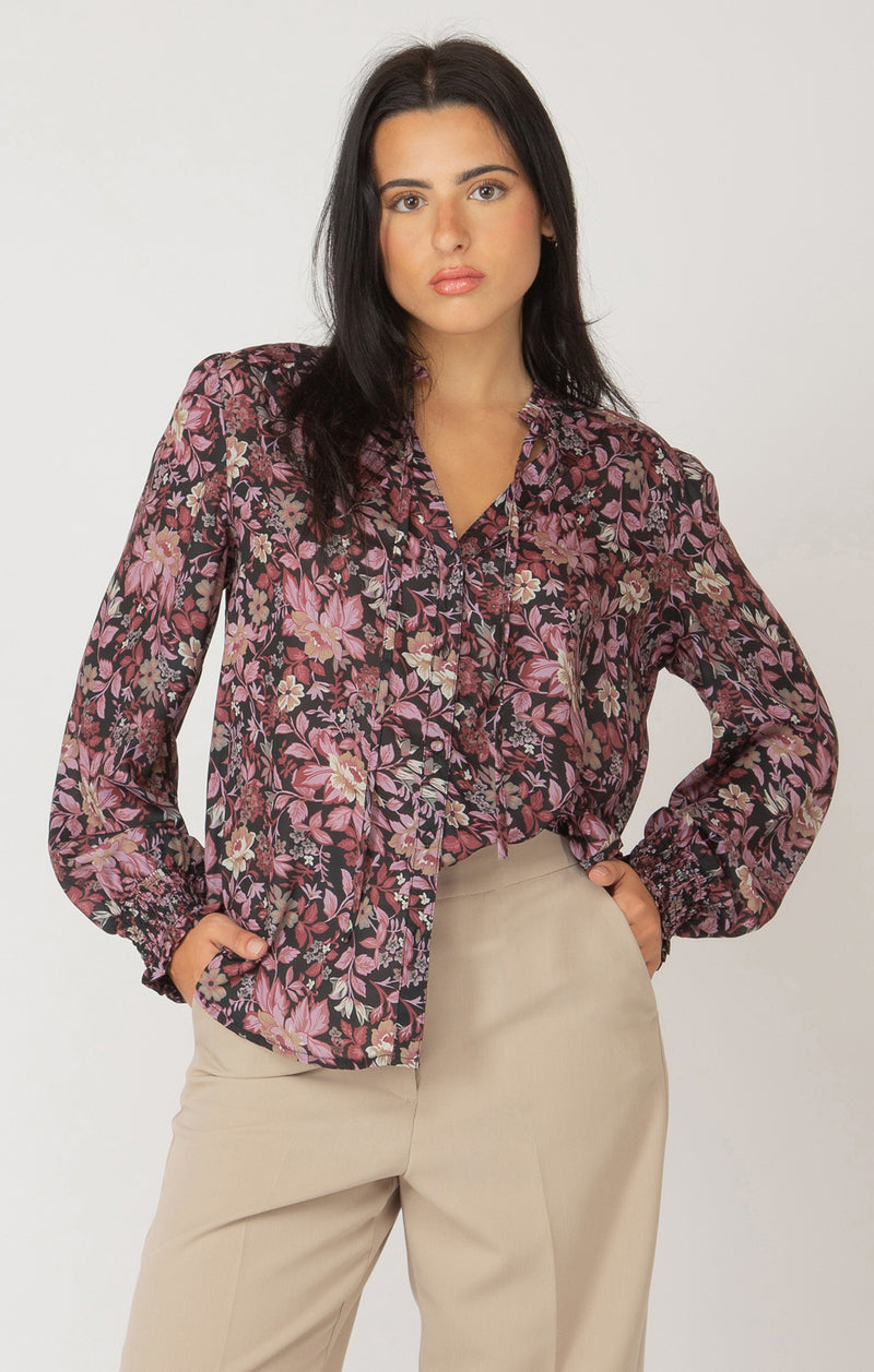 Printed Ruffle Detail Tie Front Blouse Black, Pink + Gold