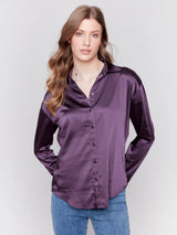 Solid Satin Button Down Long Sleeve Shirt Plum