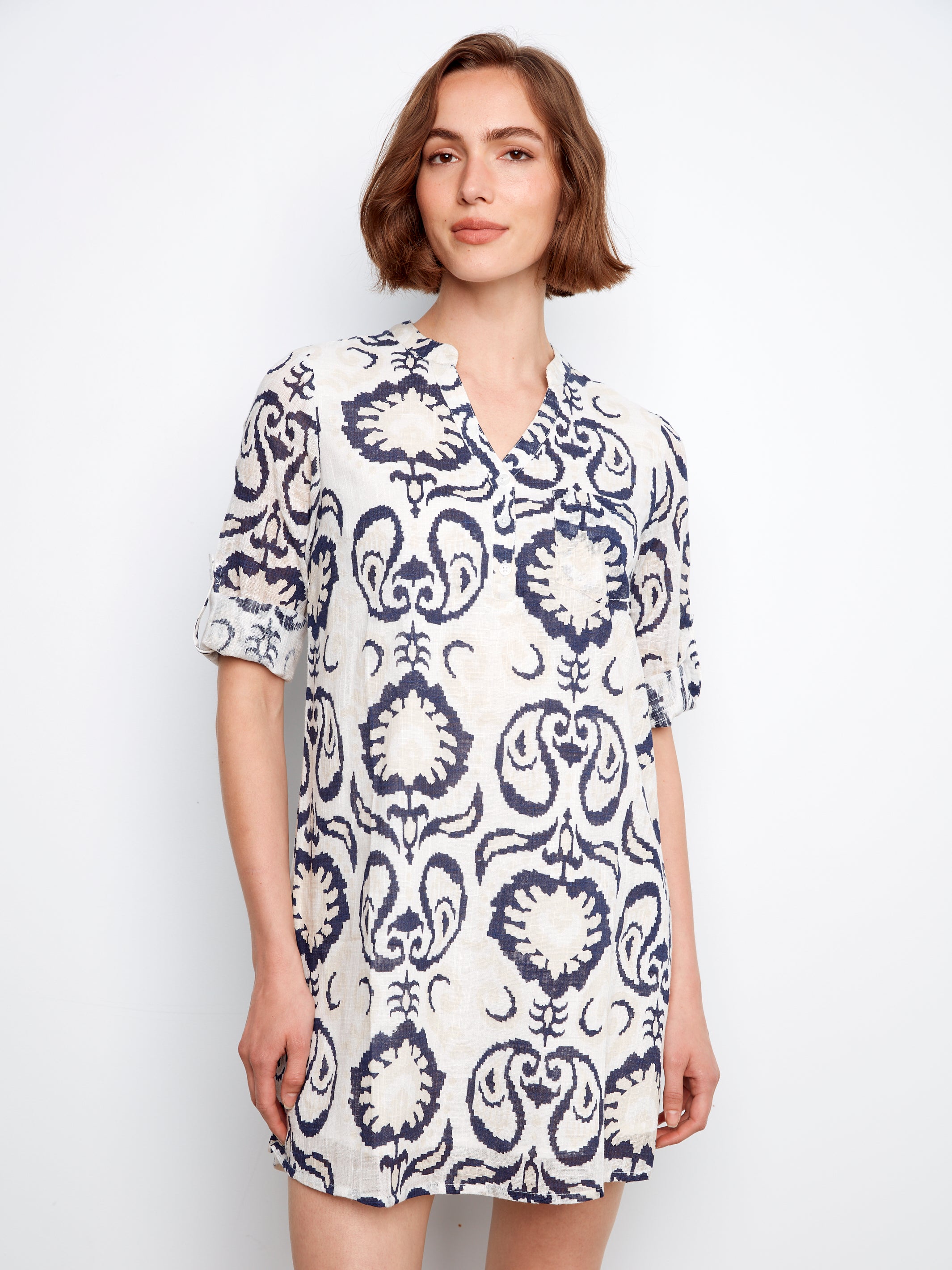Printed 3/4 Sleeve Henley Dress Ornament