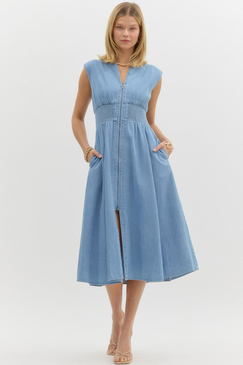 Denim Sleeveless Zip Front Smock Detail Midi Dress Light Blue