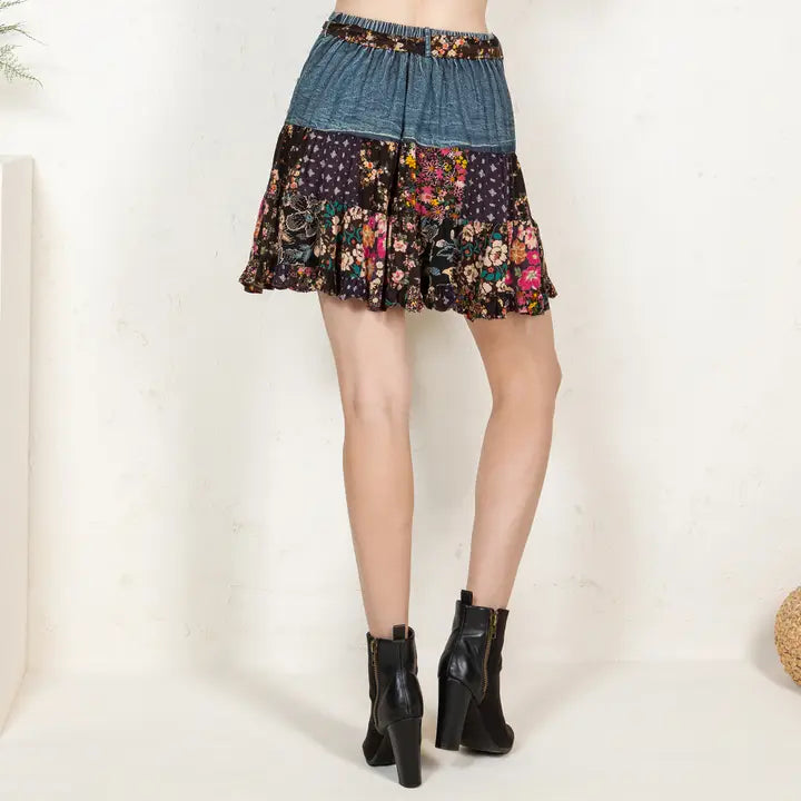 Tied Belt Denim Patchwork Mini Skirt Floral
