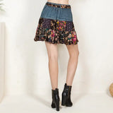 Tied Belt Denim Patchwork Mini Skirt Floral
