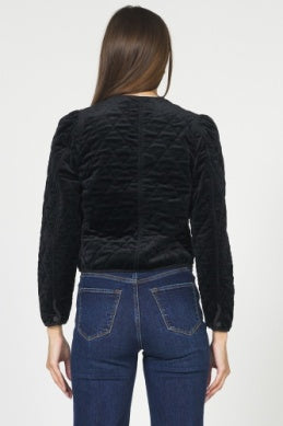 Snap Button Collarless Quilted Jacket Black Velvet