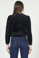 Snap Button Collarless Quilted Jacket Black Velvet