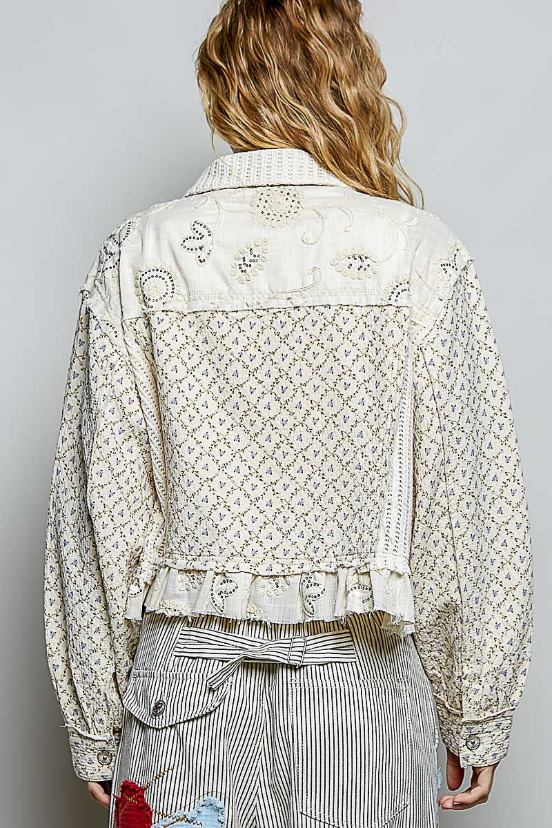 Printed Twill Sweater Contrast Ruffle Jacket Natural