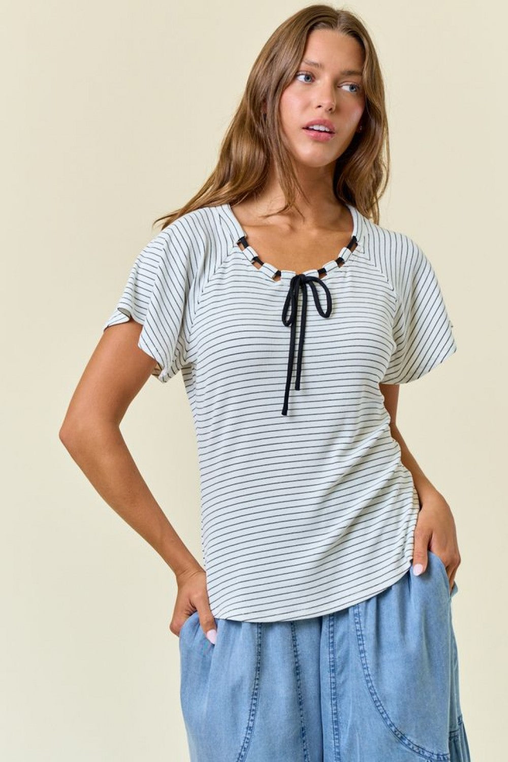 Striped Rib Contrast Tie Neck Flutter Short Sleeve Top Off White