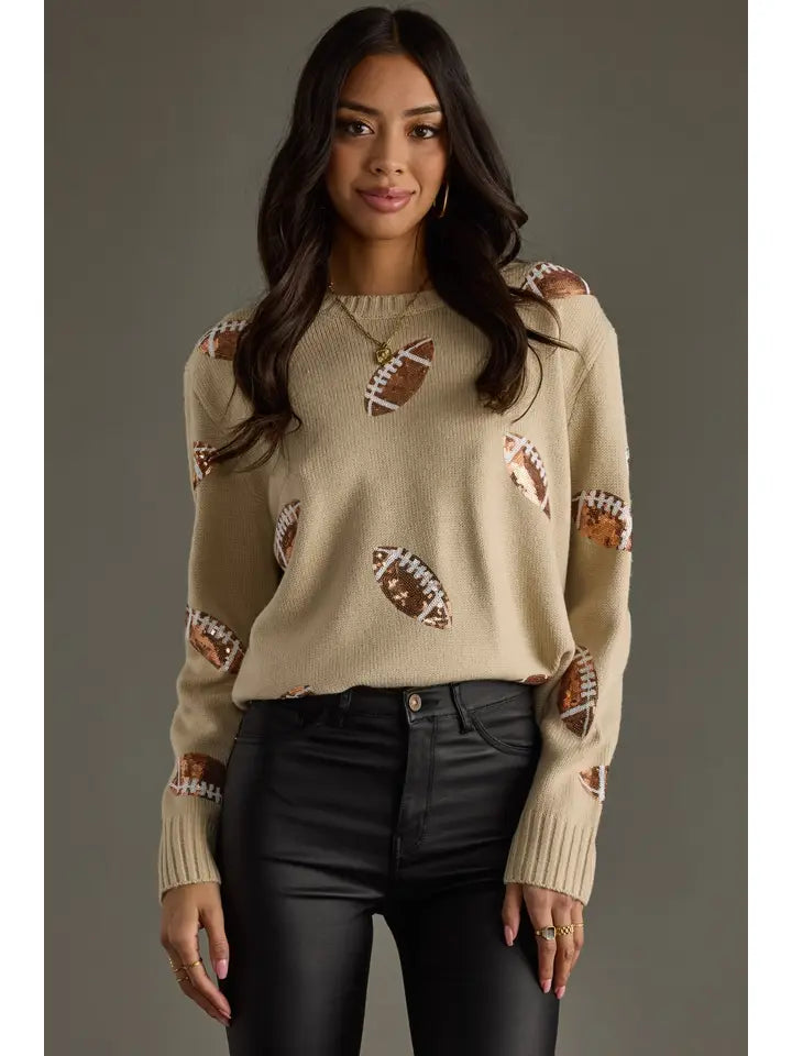 Sequin Football Sweater Tan