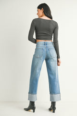 Petite Cuffed Slim Wide Leg Jeans Medium Denim
