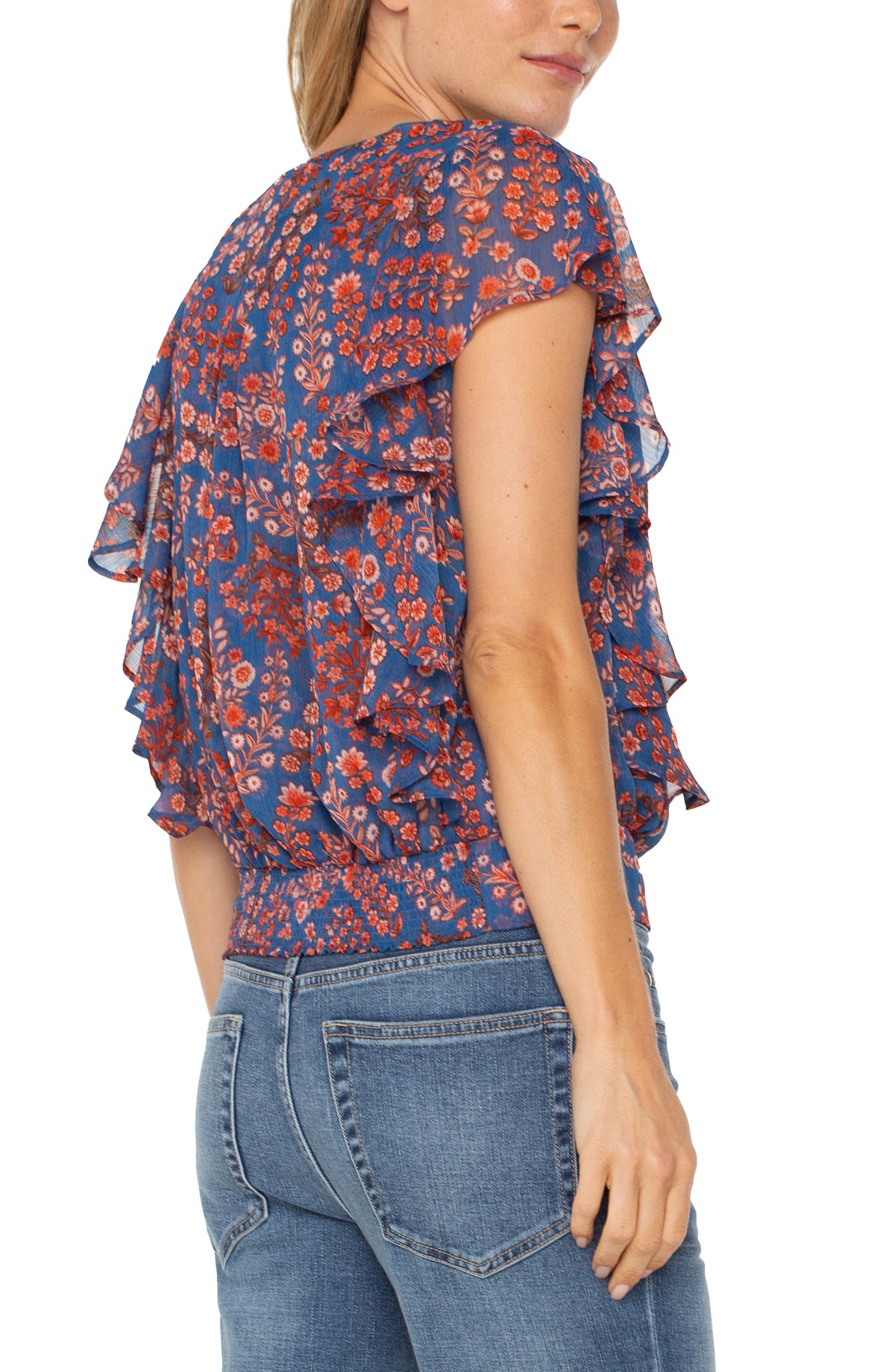 Ruffle Sleeve Drape Front Waist Tie Top Blue Pink Floral
