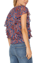 Ruffle Sleeve Drape Front Waist Tie Top Blue Pink Floral