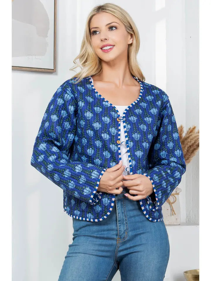 Celeste Floral Quilted Patchwork Reversible Jacket Blue Combo