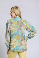 Collared Vneck Printed Blouse Turquoise Yellow Multi