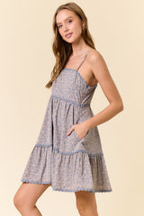 Geo Floral Rick Rack Trimmed Tiered Mini Dress Dusty Blue